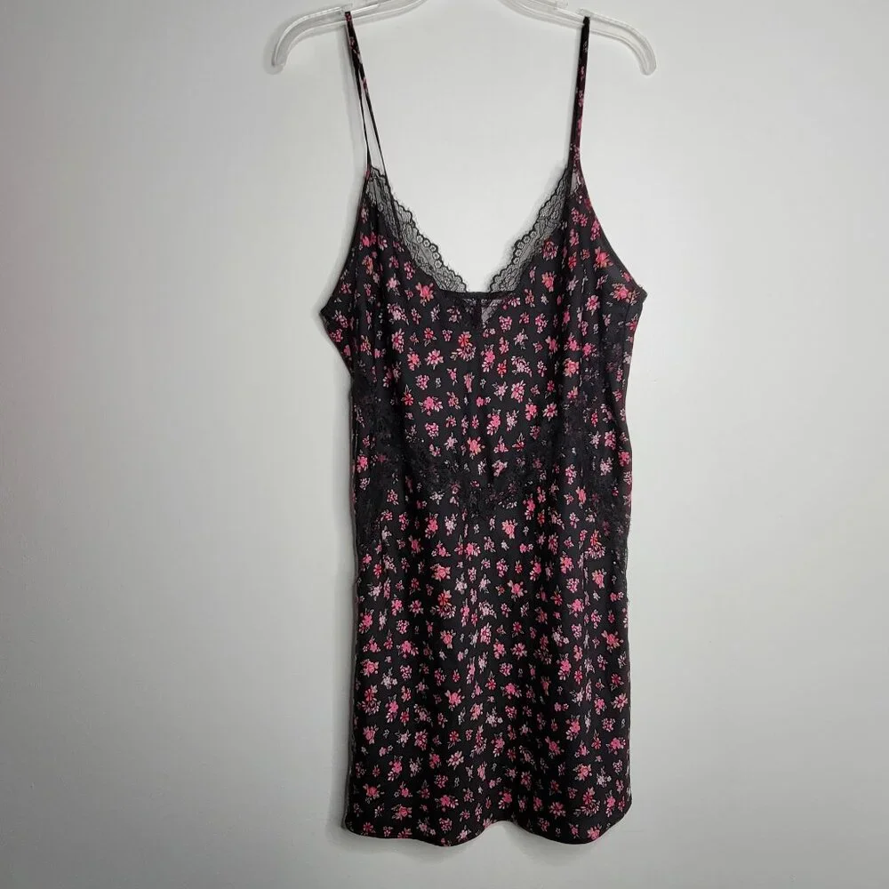 Victorias Secret Women Large‎ Black Pink Floral Lace Slip Gown Dress Nightie